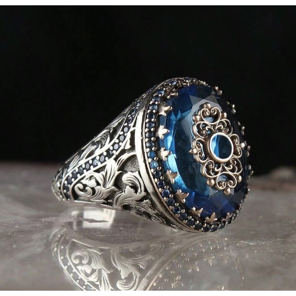 Mens Silver Alloy Blue Gemstone Statement Ring Ornate Filigree Size 8